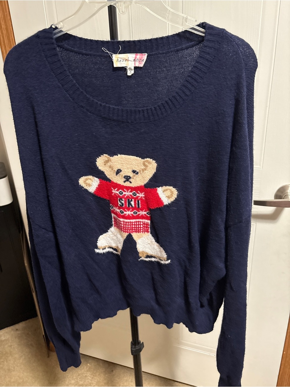 Hazel & Moon Women's Navy Teddy Ski Crewneck Sweater